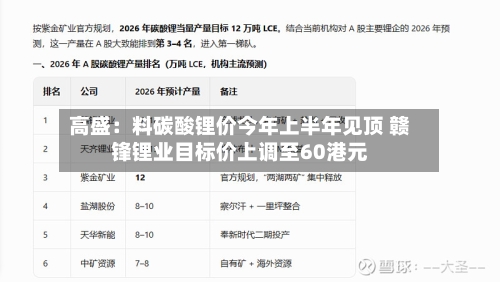 高盛：料碳酸锂价今年上半年见顶 赣锋锂业目标价上调至60港元